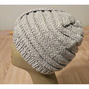 Hand-Made - Knitted Winter Beanie  Gray Hat - One-Size   Warm Womens